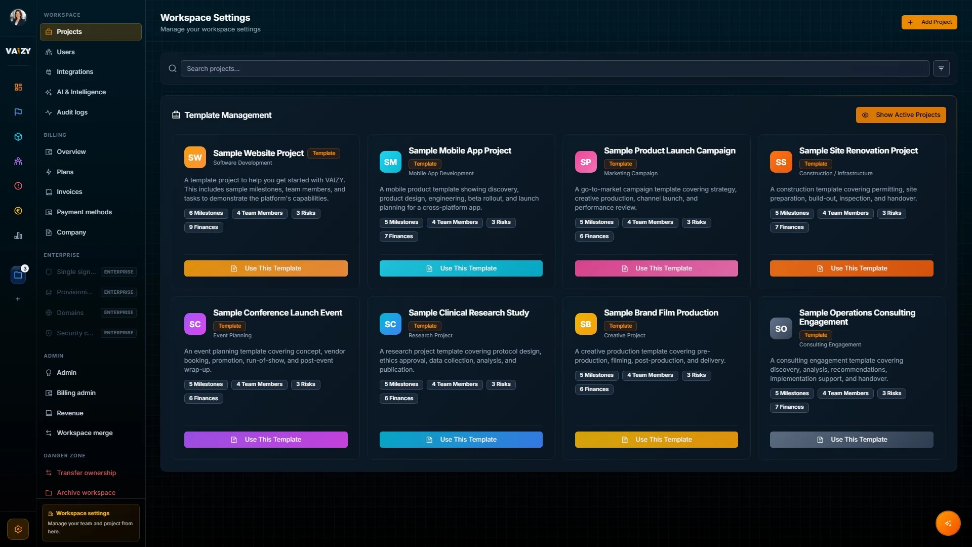 Vaizy project templates settings page showing built-in and custom templates ready to launch.